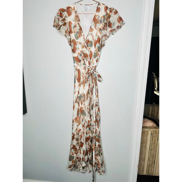 TANYA TAYLOR Floral Brown White Wrap Ruffle Sleeves Floral Blaire Dress Size 4 - Picture 5 of 13